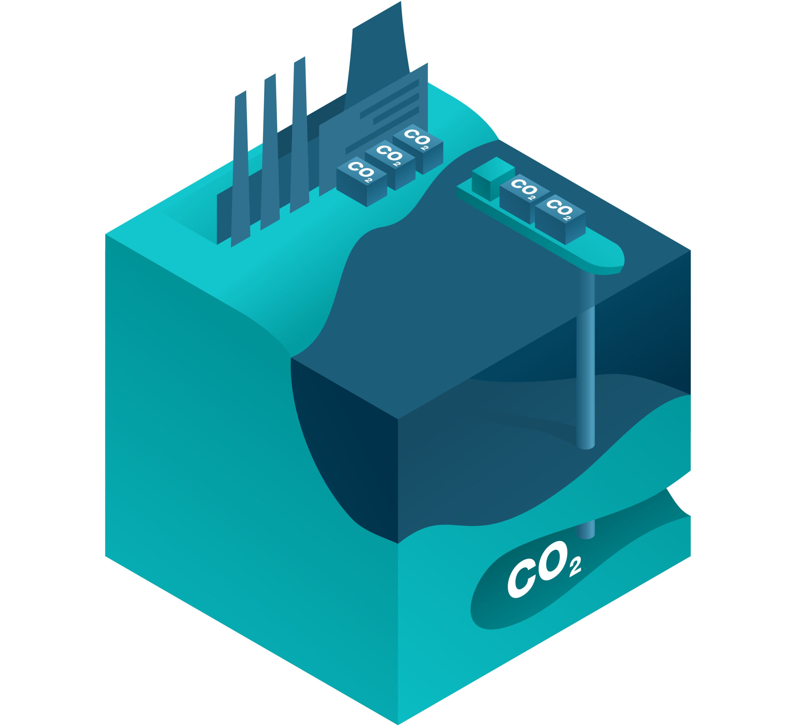 Underground and Underwater Storage of CO2 - Transportation of Carbon Dioxide, Utilization and Storage Technologies. Isometric vector illustration